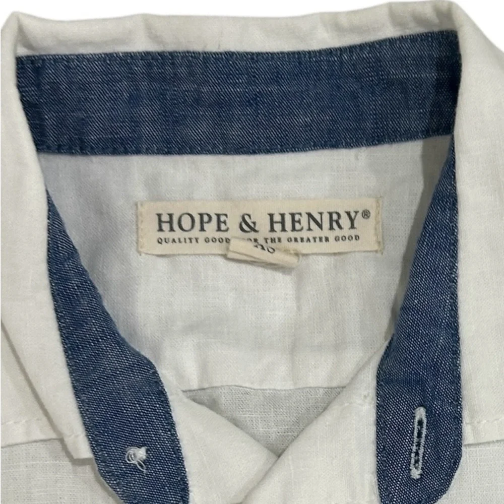 Hope & Henry White linen/cotton Blue denim collar trim Button Down Shirt size xs